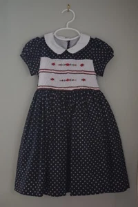 NWT Spring Summer Navy Red Roses Smocked Girl Dress 4T - Picture 1 of 2
