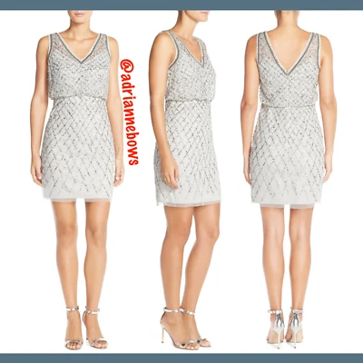 NWT Adrianna Papell Beaded V-Neck Blouson Sheath Dress in Silver [SZ 4 ] #N381 - Image 1 of 4
