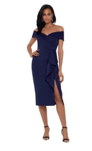 Xscape Damen kurzes schulterfreies Scuba Rüschenkleid marineblau Größe 6 neu mit Etikett - Bild 1 von 3