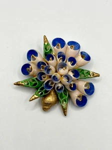 Broche Flor Concha Vintage Años 50 ~ Pin Floral Costero Esmalte Azul y Dorado - Imagen 1 de 4