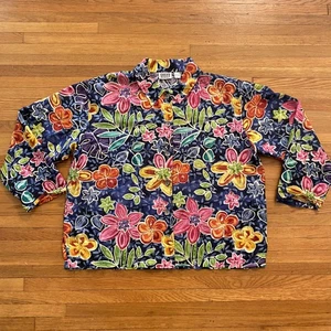 Chaqueta De Colección Diseño Chico's Para Mujer 2 Azul Seda Floral Arte Estampado Abotonable Años 90 - Imagen 1 de 8