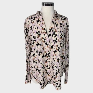 LOFT Outlet Womens Large V Neck Brown Pink Print Blouse 100% Rayon - Picture 1 of 7