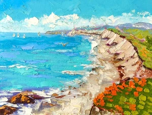 Meereslandschaft Original Gemälde Öl auf Leinwand Tafel 24x30cm Kalifornien Seaside Art - Bild 1 von 24