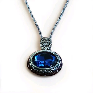 FILIGREE Blue Crystal Oval Stone Pendant 18" Rope Chain NECKLACE Fashion Jewelry - Picture 1 of 9