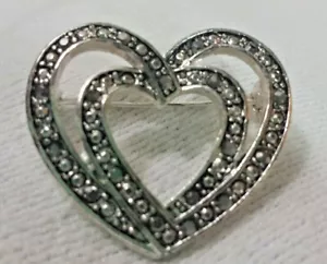 Vtg Metal Cut Faux Stone (Clear + Black) Heart in Heart Brooch Pin 1-3/8" L - Picture 1 of 8