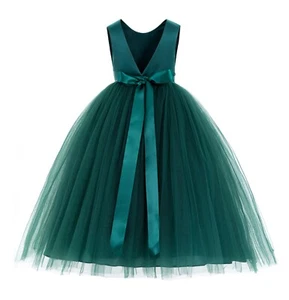 Wedding V-Back Satin Flower Girl Dress Rhinestone Satin Dress Backless Dresses - Picture 1 of 15