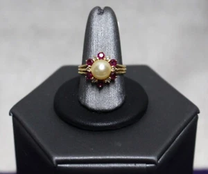 14kt Gelbgold Ring mit Perle und Rubinen und Diamanten - Bild 1 von 4