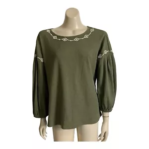 Cruel Denim Sz L 16AU Top 7/8 Bell Sleeves Waffle Knit Top Embroidery Trim Olive - Bild 1 von 11