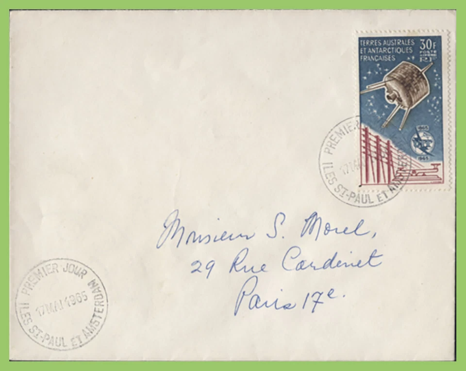 French Antarctic Territory 1965 30f ITU Satellite on plain First Day Cover, St P - Image 1 of 1