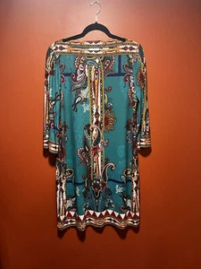 Large Eci Shift Dress, Teal and Red Floral Paisley, Stretch 3/4 Sleeve - Picture 1 of 3