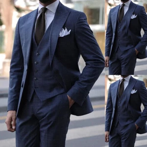 Men Blue Wedding Plaid Suits 3 Pieces Handsome Gentleman Slim Fit Suits Tailored - Picture 1 of 7