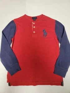 Polo Ralph Lauren Shirt Boys Size 7 Blue Red Henley Long Sleeve Rare BIG PONY - Picture 1 of 4