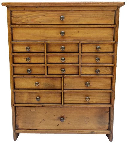 ANTIQUE VTG HANDMADE 16 Drawer Wood Jewelry Tool Cabinet 16 in Tall QUALITY OOAK Cover