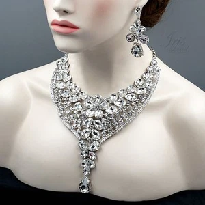 Collar colgante de cristal enchapado en rodio pendientes boda joyería conjunto 04350 - Imagen 1 de 8