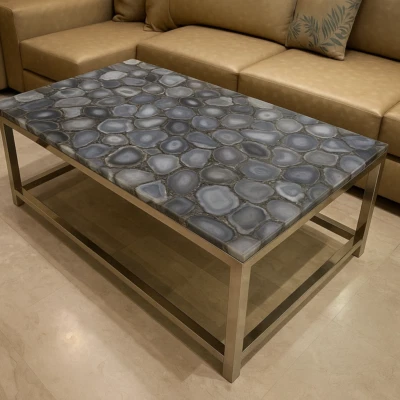 48"X24" Grey Agate Inlay Round Table–  Polished Crystal Corner,side table - Image 1 of 4