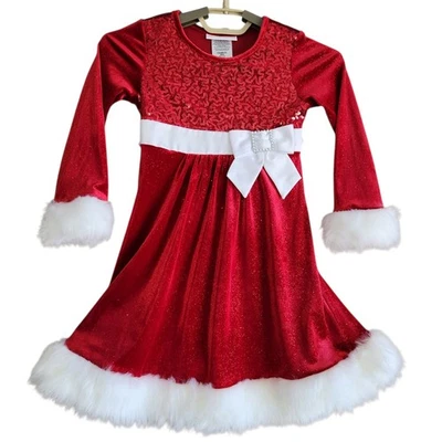 Bonnie Jean Girls Christmas Dress Size 5 Red Long Sleeve Faux Fur Cuffs Sparkle - Image 1 of 4