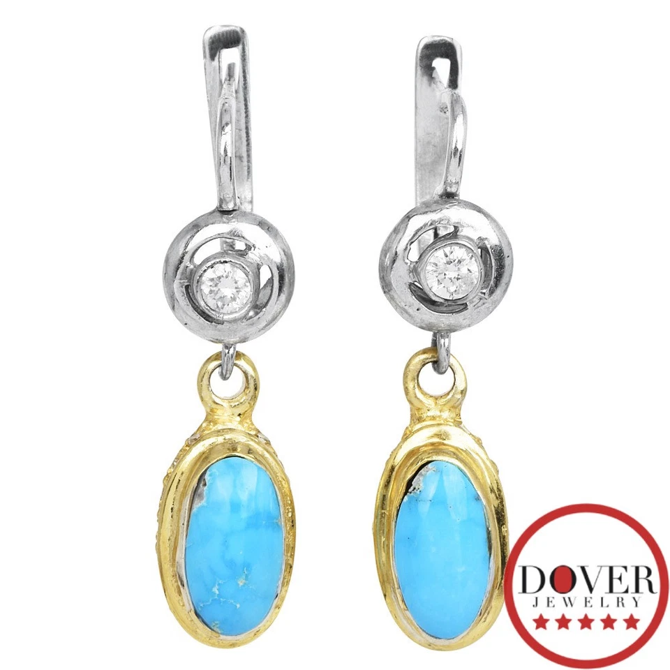 Estate Diamond Turquoise Silver Multi Cut Dangle Drop Earrings 6.6 Gr NR - Image 1 of 4