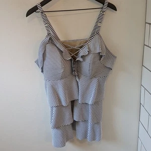Costume da bagno Tankini Swim By Cacique Lane Bryant blu bianco righe pizzo incrociato - Foto 1 di 6