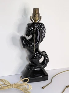 Vtg Black Rearing Stallion Horse Ceramic Table Lamp Chess Knight Pull Chain 15" - Picture 1 of 10