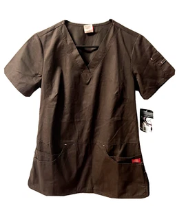 Dickies Scrub Top V-Neck Dropped Waist Shirt Brown w/ Pink Stitching Size XS - Picture 1 of 13
