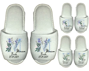 Wedding Spa Slippers - Monogrammed Bride Hen Party Blue Flowers Bridesmaid  - Picture 1 of 4