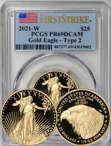 2021W PROOF $25 AMERICAN GOLD 1/2 Oz Liberty Type 2 PCGS PR69DCAM. First Strike! Cover