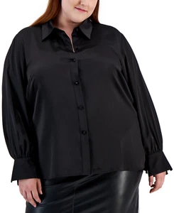 Bar III Womens Plus Size 3X Satin Long-Sleeve Button-Front Shirt Black $79 2278 - Picture 1 of 7