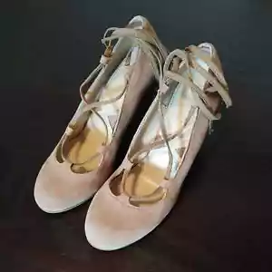 Adrienne Vittadini Smily Tan Taupe Suede Lace Up Ankle Wrap Wedge Heels Sz 7M - Picture 1 of 6