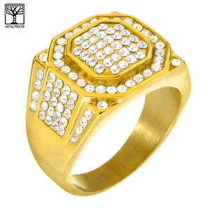 Men's Hip Hop CZ Iced Stainless Steel Gold Plated Band Pinky Rings SSR 303 G - Picture 1 of 3