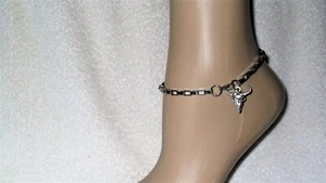 Longhorn Bull Cow Skull Box Chain Men's Women's Ankle Bracelet Jewelry 10 Inches - Picture 1 of 3