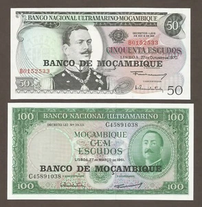 Mosambik 50, 100, 500, 1000 Escudos 1961-1972; UNC; P-116-119; Lot 4 Scheine - Bild 1 von 4