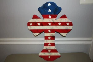 Handmade America Flag Cross Hanging White Pine Wood  - Picture 1 of 3