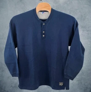 Vintage 90s Russell Athletic Henley Sweatshirt Mens XL Navy Blue Made USA Blank - Picture 1 of 11