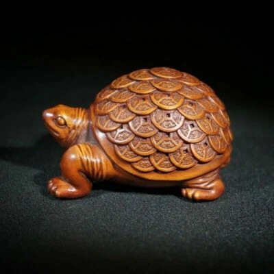 Chinese Antique Vintage Boxwood Carved Little Turtle Statue Home Decor Nice Art - Image 1 of 4