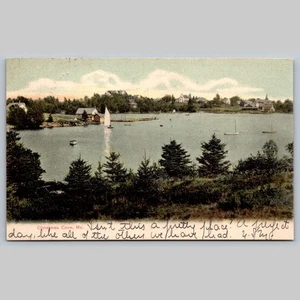 Postkarte Weihnachtsbucht Maine malerische Ansicht Boote Bäume - Bild 1 von 3