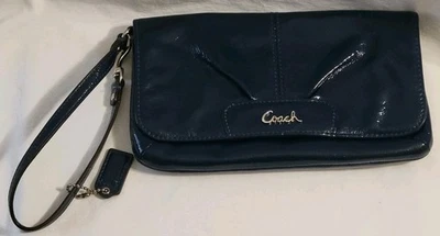 Coach Wristlet Wallet Navy Blue Patent Leather Large Pleated Flap Snap Hang Tag - Image 1 of 4