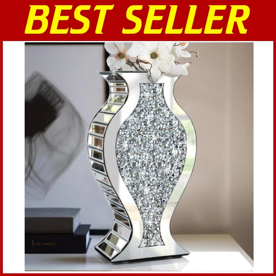 Diamond Flower Vase Luxury Silver Mirrored Crystal Vase for Home Decor 15"