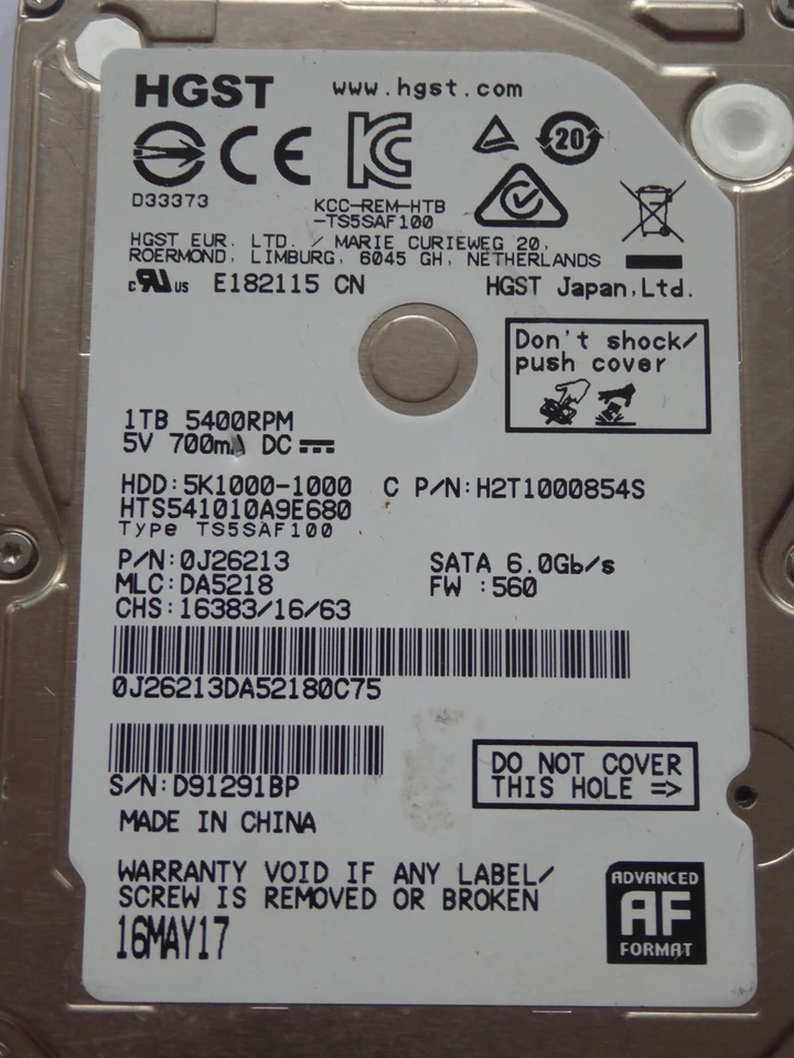 HGST HTS541010A9E680 MLC: DA5218 P/N: 0J26213 - 16MAY17 - 1TB - Bild 1 von 1