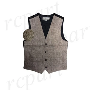 New Men's Formal wool blend slim fit Herringbone tweed Vest only Beige Brown - Picture 1 of 4