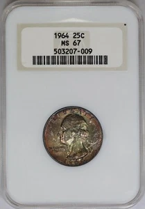 1964-P NGC Silver Washington Quarter MS67 Toned "Fatty" Slab Registry Coin - Picture 1 of 6