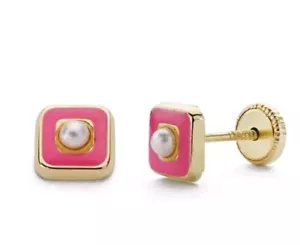 Pendientes oro 18k 750 Mls. Cierre Rosca. Cuadrado Esmalte Rosa Perla 5x5 MM. - Imagen 1 de 3
