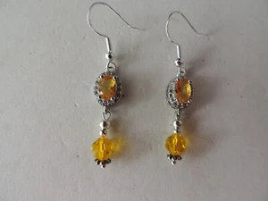 SILVER EARRINGS WITH FACETED CITRINE GEMSTONE & CRYSTAL 2.6 CM. LONG + HOOKS - Picture 1 of 5