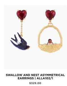 Les Nereides Bird Earrings: Swallow and Nest. Asymmetric, like-new, RRP$329