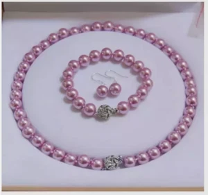 Collar de cuentas de perlas concha púrpura del Mar del Sur de 10 mm 18" + pulsera 7,5" + juego de pendientes - Imagen 1 de 5