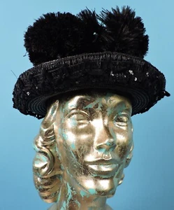 VICTORIAN 19TH C BLACK STRAW HAT W SEQUINS & FEATHER POM POM DETAIL - Picture 1 of 5