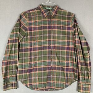 Ralph Lauren VTG Flannel Shirt Womens M Green Plaid Long Sleeve Soft Cotton EUC