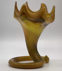 Vintage Sooner Vase Hand Blown Art Glass Gold Swirl Coiled Base MCM Amber - Picture 1 of 11