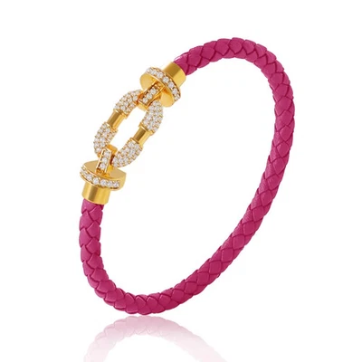 Круглый металлический кожаный браслет женщин кубический цирконий плетеная цепочка слой ювелирных изделий - Изображение 1 из 4