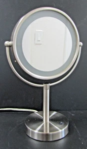 New Satin Nickel Round 3X and Regular Tabletop Lighted Makeup Mirror - Picture 1 of 8