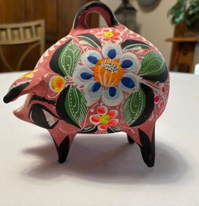 Vintage Mexiko Talavera Ton handbemalt Keramik rosa Sparschwein viele Blumen - Bild 1 von 7